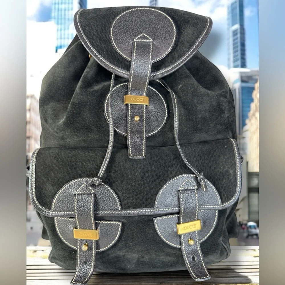 Gucci Vintage Rare Suede and Leather Backpack with COA
